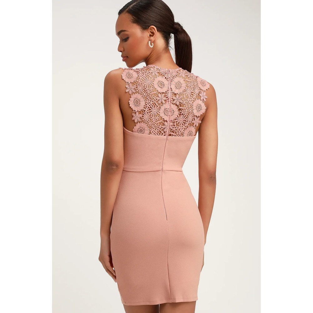 NWT Lulus Blush Pink Lace Back Bodycon Midi Dress Floral Crochet L - Picture 5 of 10